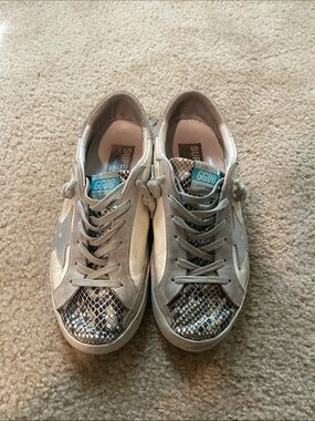 Golden Goose Super-Star Sneakers in Beige with Snakeskin Toe